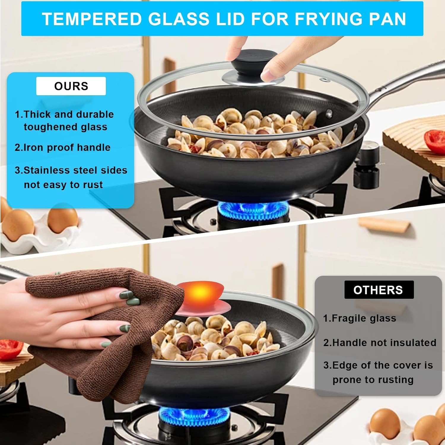 Glass Lid for Frying Pan Tempered Glass Pot Lid with Stainless Steel Rim for 8