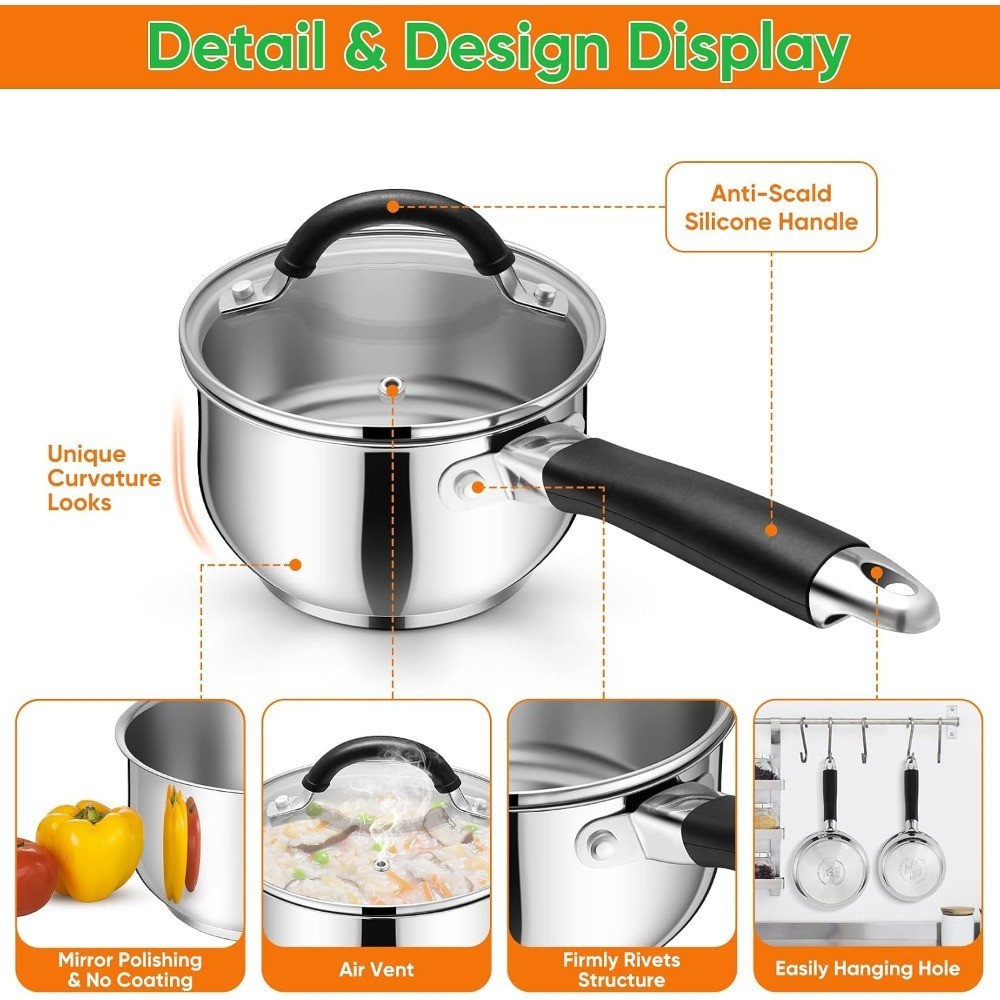 1 Quart Sauce Pan with Lid, Stainless Steel Saucepan, Small Milk Pot for