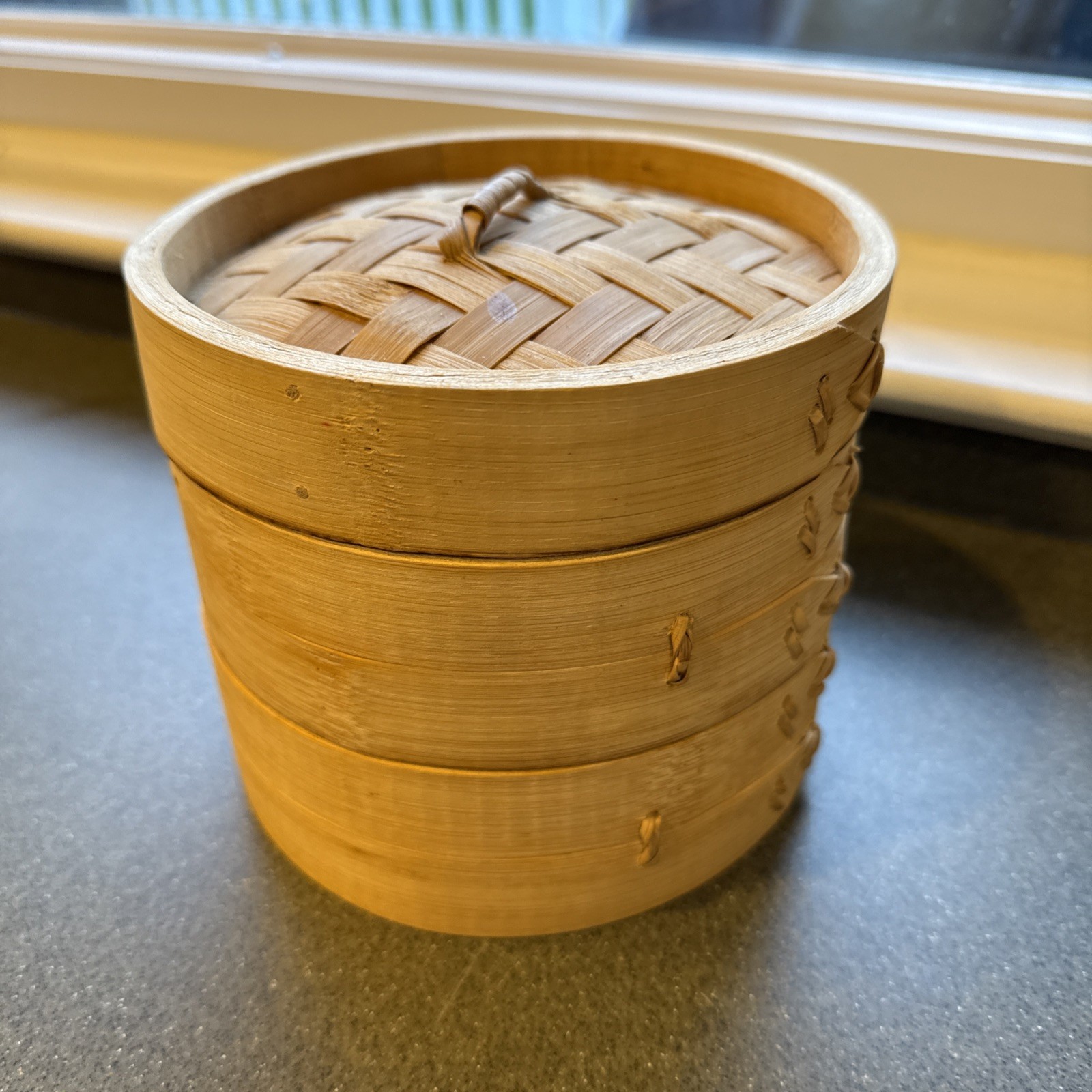 3 Piece Mini Bamboo Steamer Basket Set 5″ Diameter Two Levels With Lid Good Cond