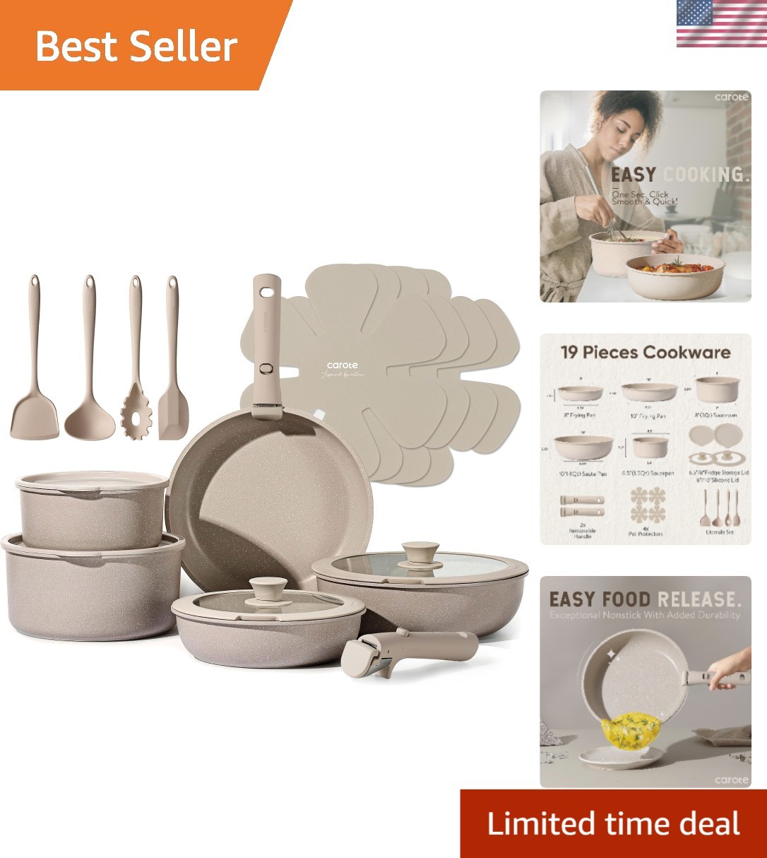 19pcs Pots and Pans Set Non Stick, Nonstick Cookware Set Detachable Handle, I…