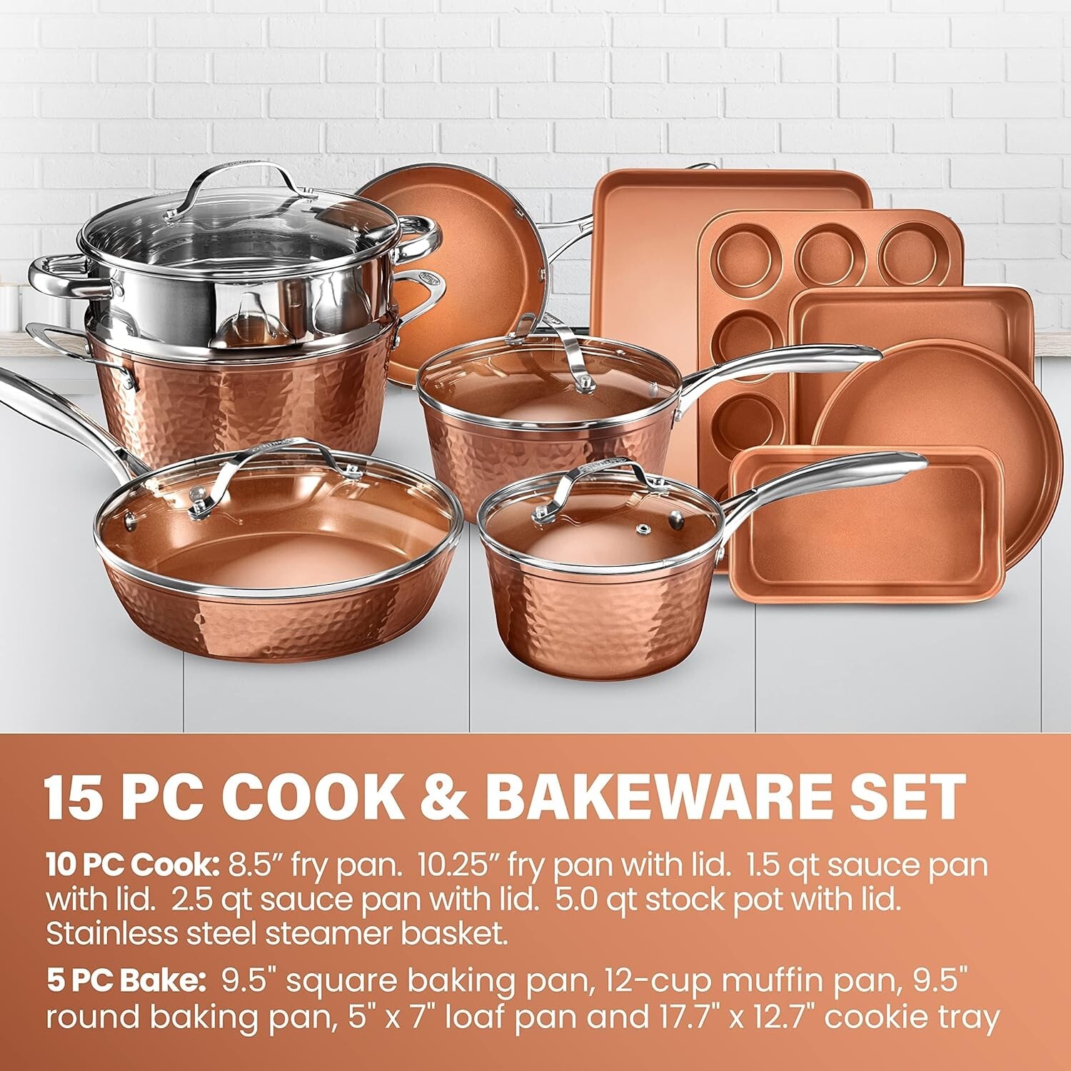 Gotham Steel 15-Piece Cookware Set – Hammered Copper (2984)