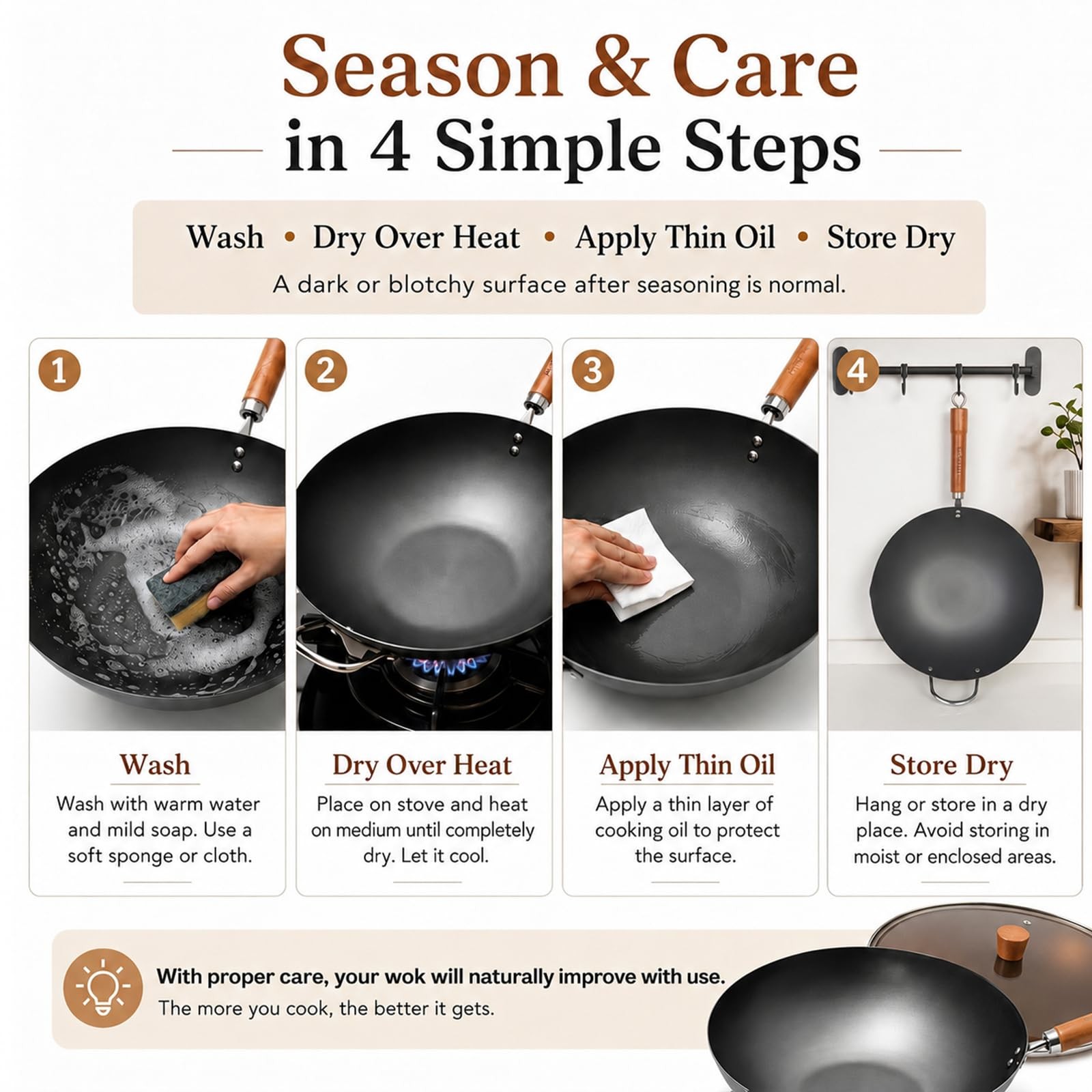 Carbon Steel Wok with Lid, 12.6 Inch Flat Bottom Wok Pan, Uncoated Stir Fry P…