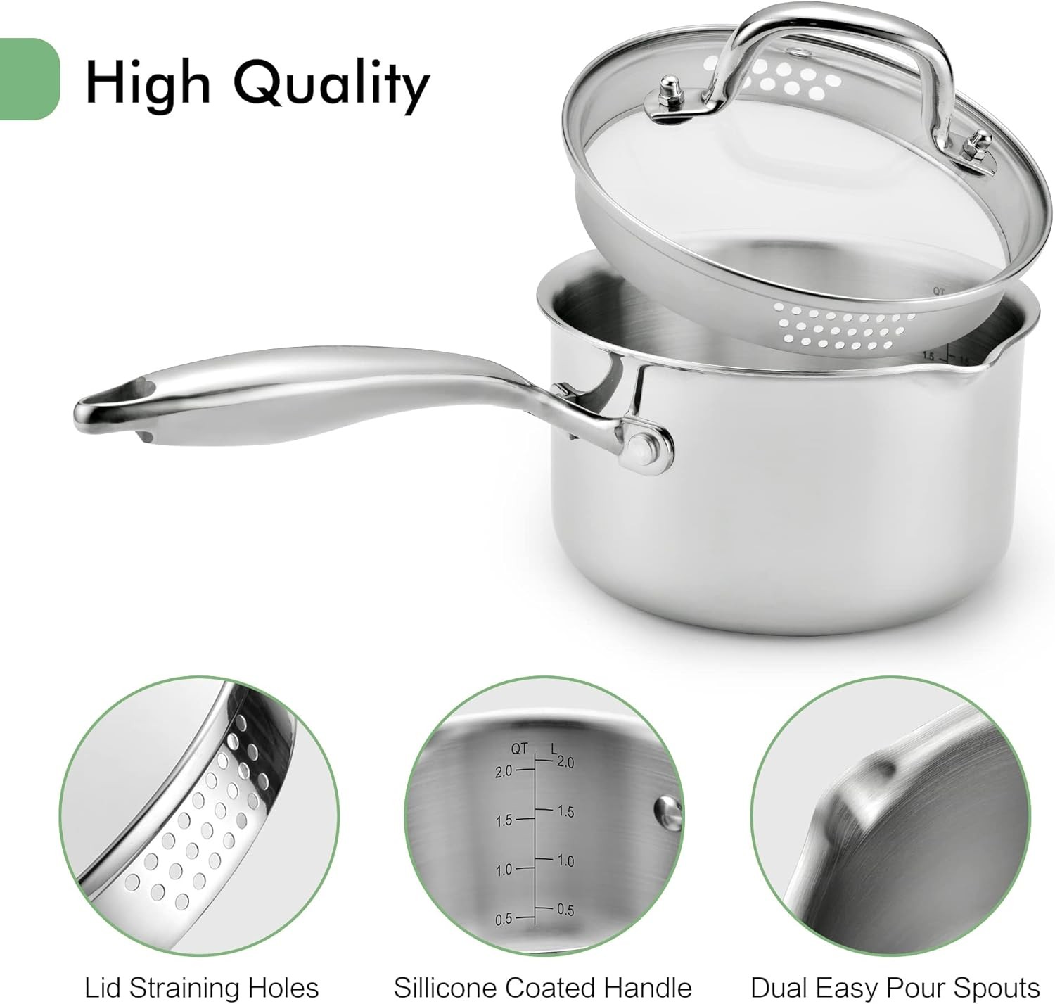 2.0 Quart Stainless Steel Pot Saucepan with Glass Strainer Lid, Sauce Pot with