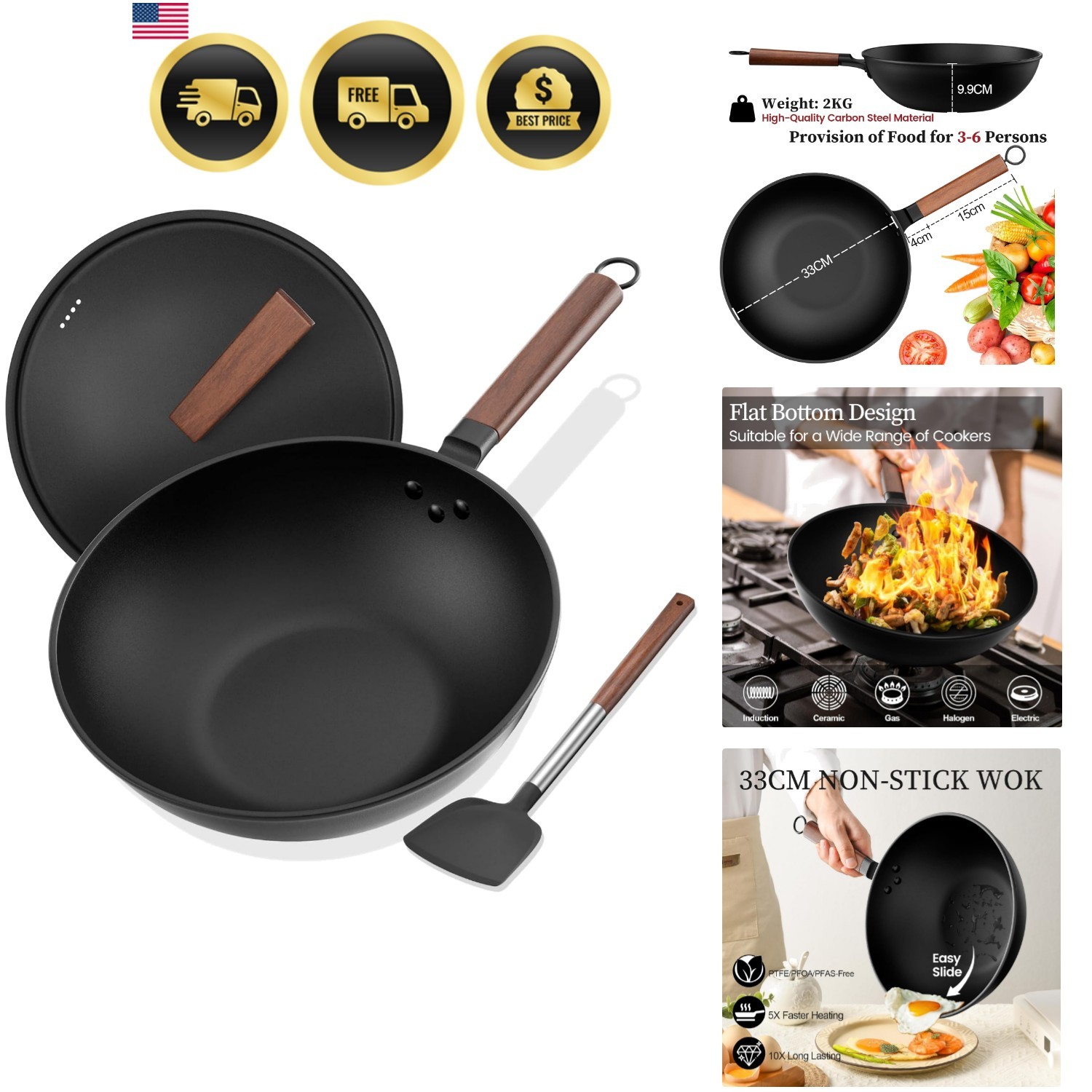 Carbon Steel Wok 13 Inch Nonstick Pre-Seasoned Flat Bottom Stir Fry Pan