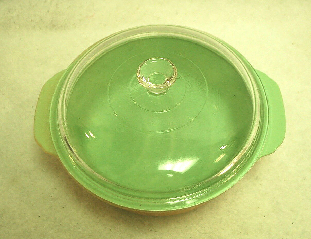 Fire King Peach Luster Casserole Green Interior and Glass Lid 1-1/2 qt. S9340