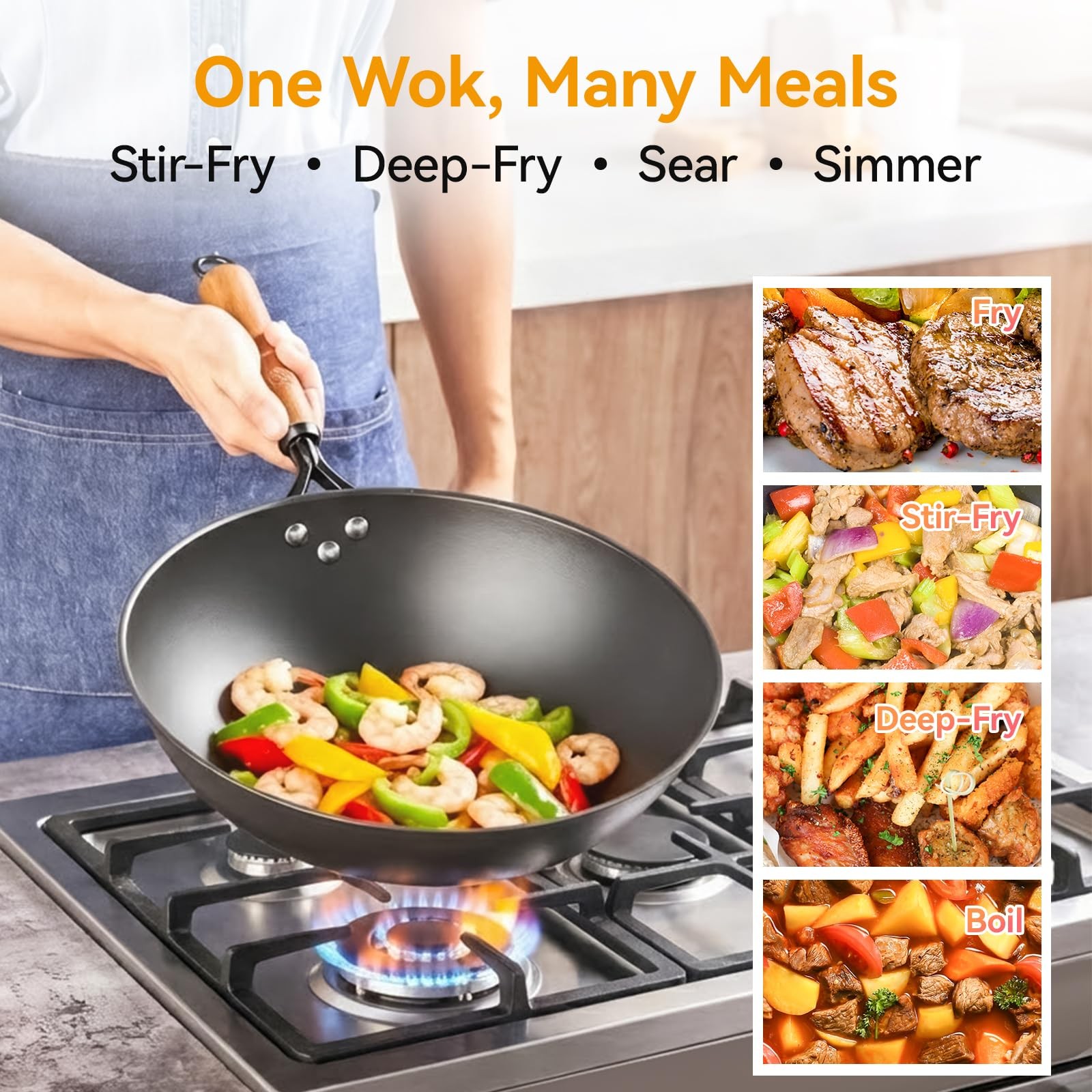 WANGYUANJI Carbon Steel Wok Pan – 12.6 Inch Flat Bottom Wok, Premium Stir Fry…
