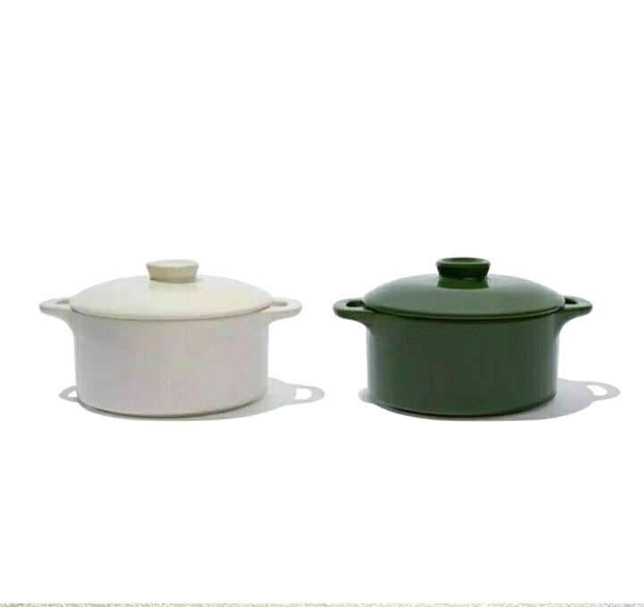 Brocc Your Body Mini Round Ceramic Cocotte Set with Lids White and Green New