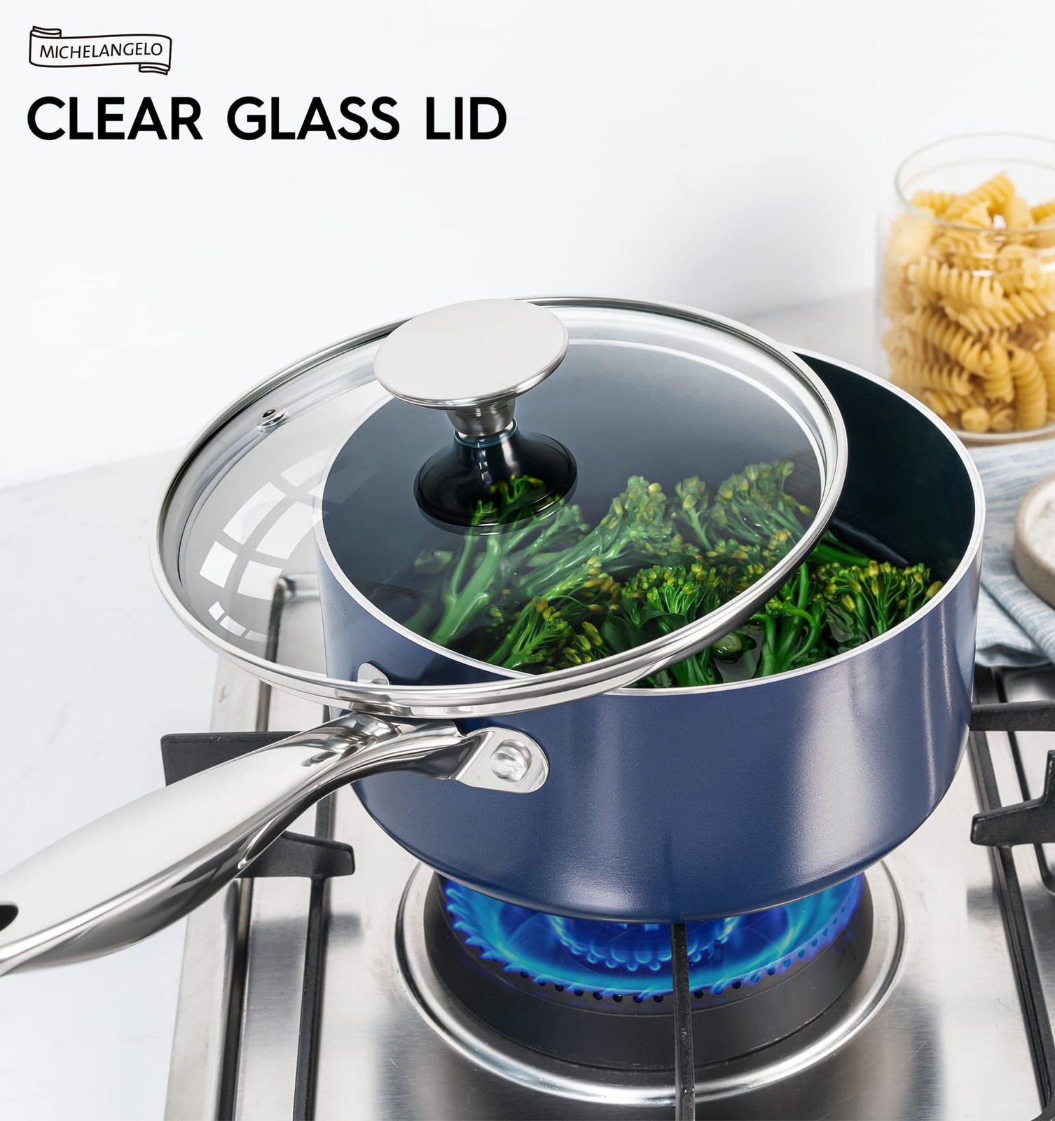 1 Quart Nonstick Ceramic Saucepan with Lid Stainless Steel Handle Oven Safe Blue
