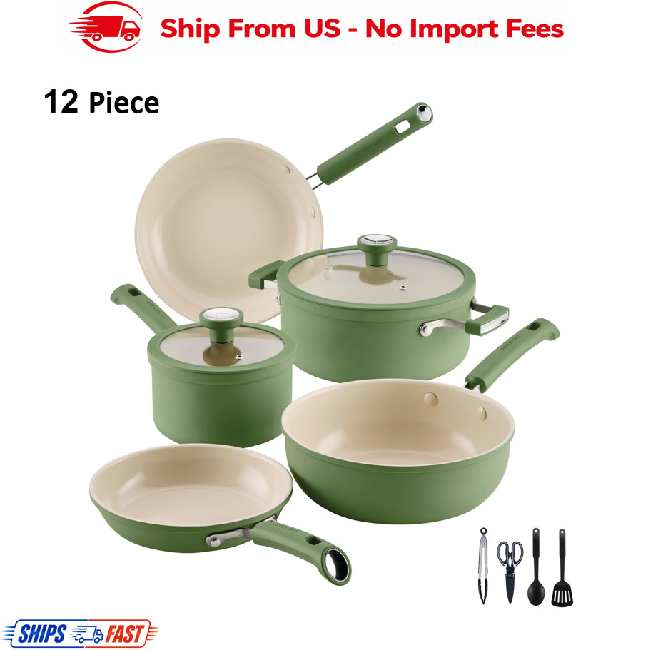 Farberware TrueCook 12pc Ceramic Cookware Set, Dishwasher and Oven Safe, Green