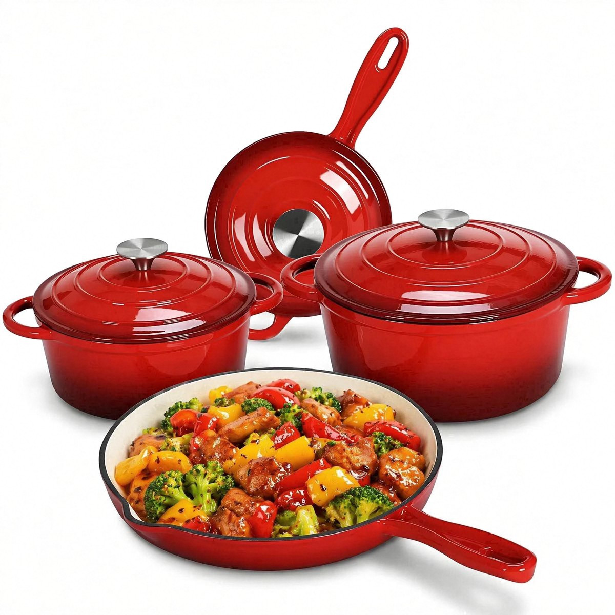 7Pcs Cast Iron Cookware Set Nonstick Enameled Dutch Oven PFOA & PFAS Free