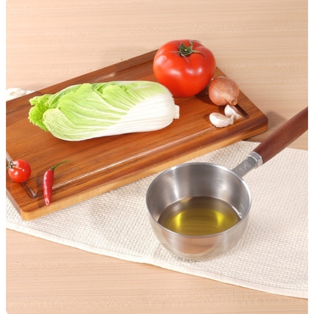Oil Pouring Pan 28×11.6x6cm Stainless Steel Sauce Pot with Wood Handle