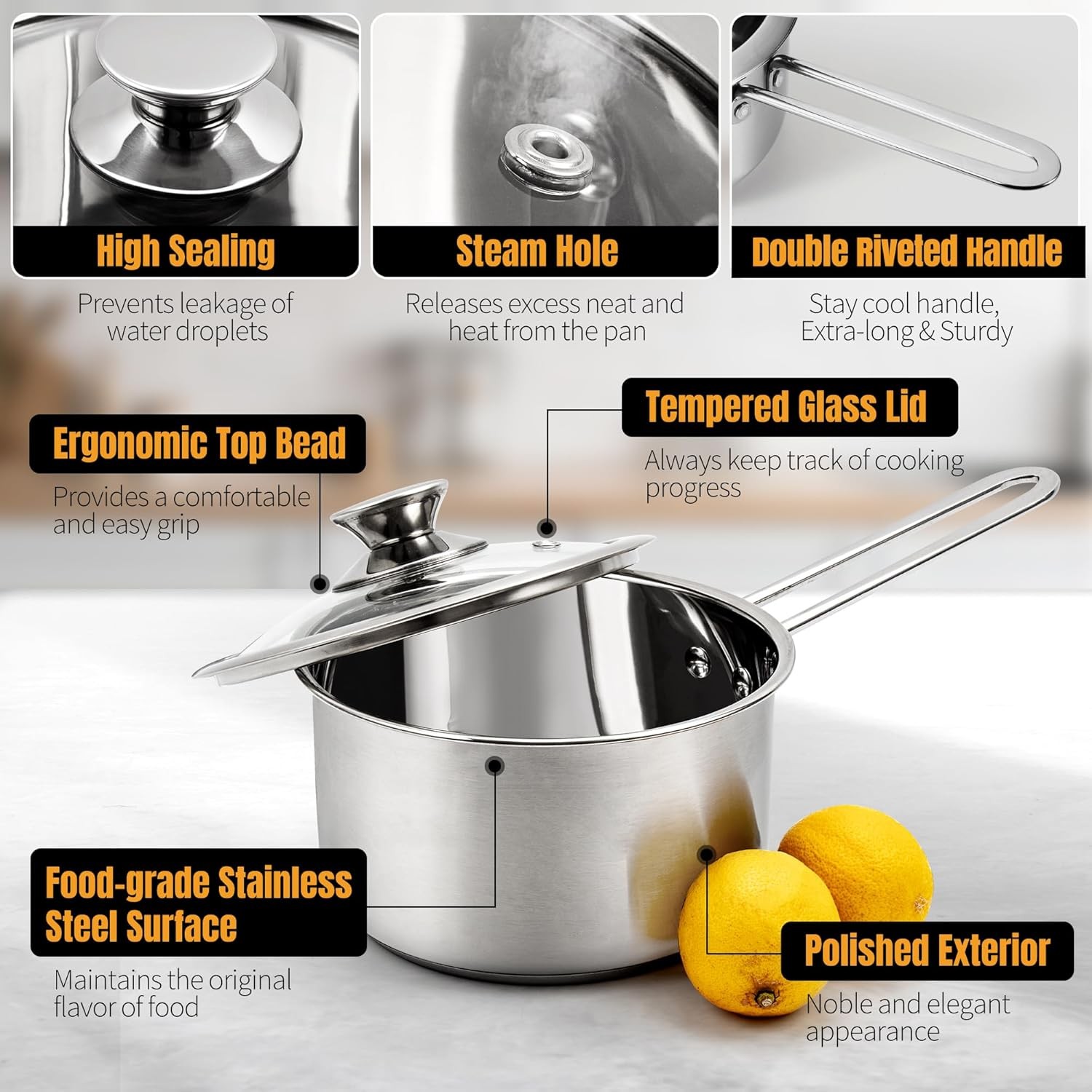 2 Quart Tri-ply Stainless Steel Saucepan with Glass Lid, Induction Sauce Pan