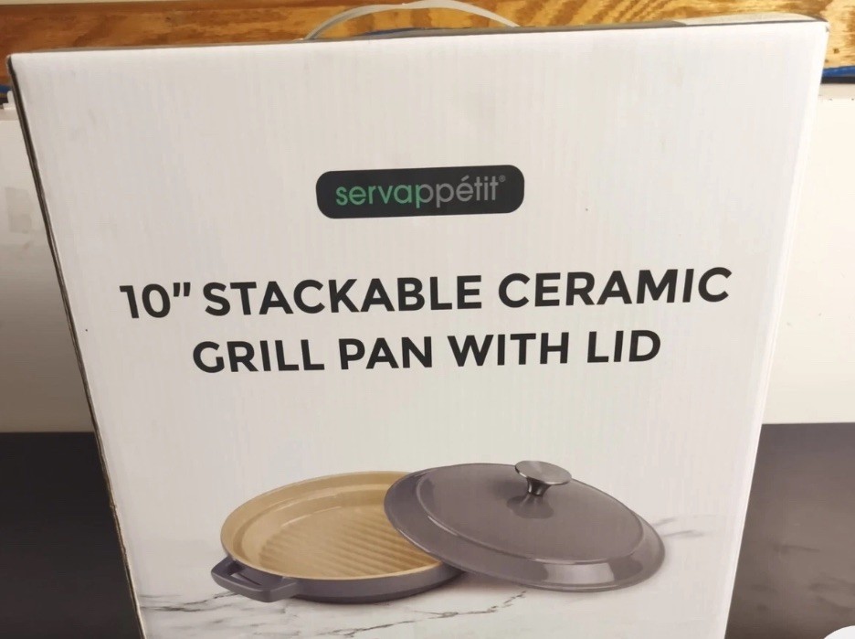 Servappetit Ceramic Grill Pan with Lid Stackable 10 inch Gray