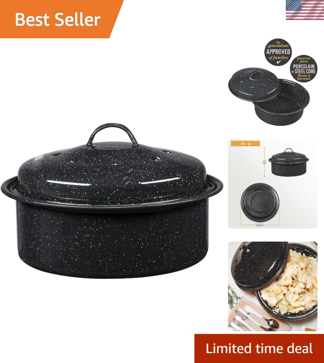 3 lb. Capacity Covered Round Roaster in Speckled Black Enamel, Dishwasher Safe