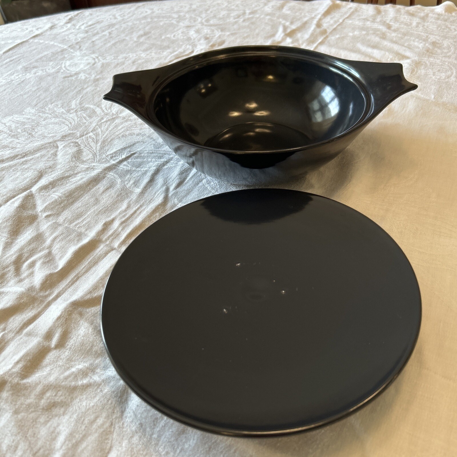 Monterey Pottery Casserole Dish OS Black Lidded Side Handles Retro Kitchen