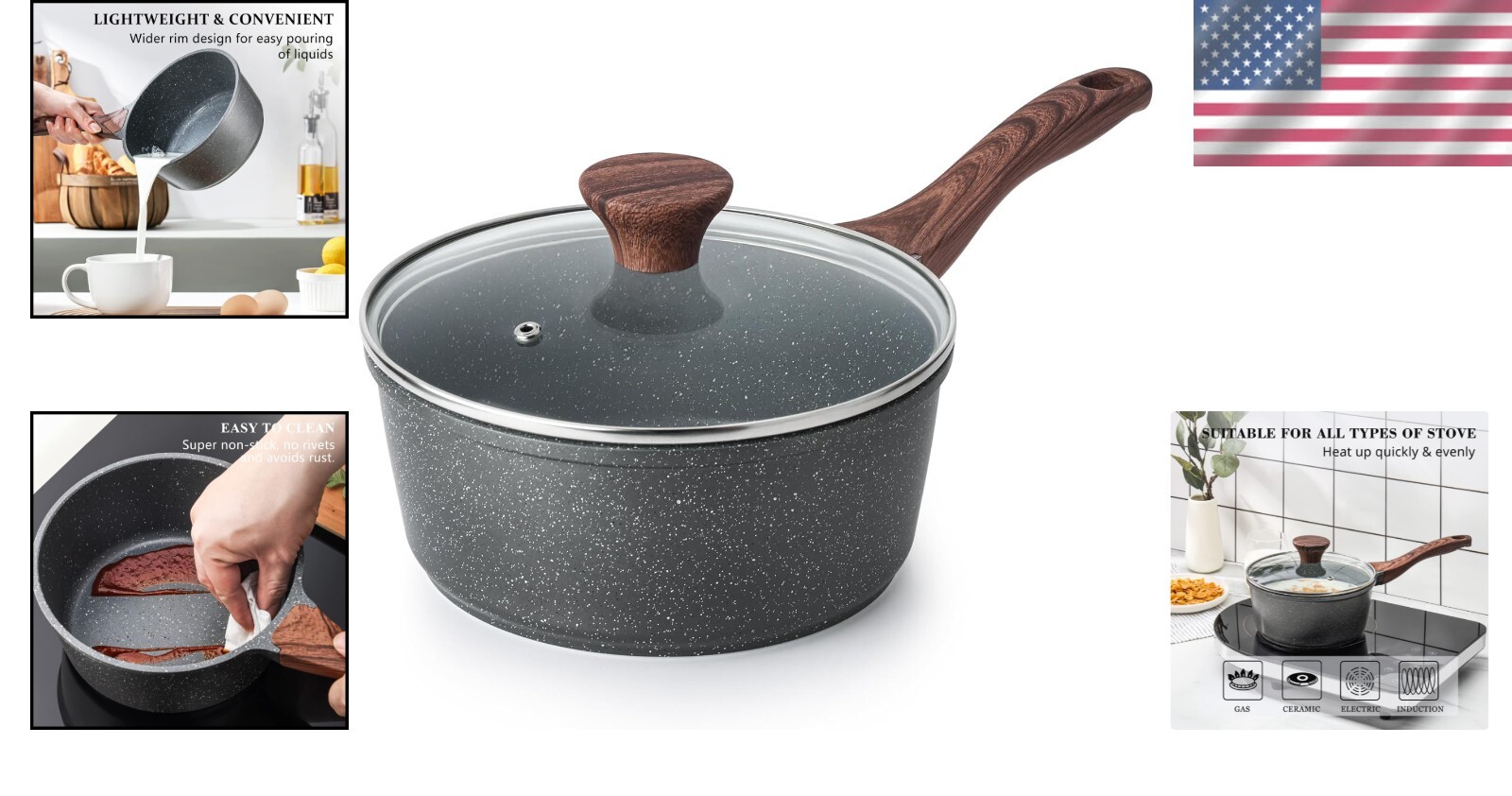 Swiss Nonstick Granite Coated Saucepan – 2.5 Quart Medium Pot with Glass Lid