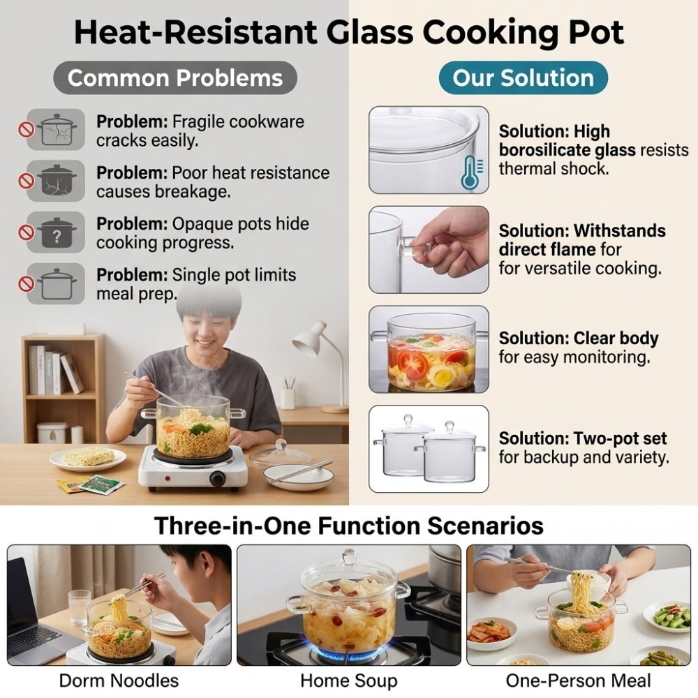 Borosilicate Glass Cooking Pot 1500ml Heat Resistant Stew Pan for Kitchen 2 Pack