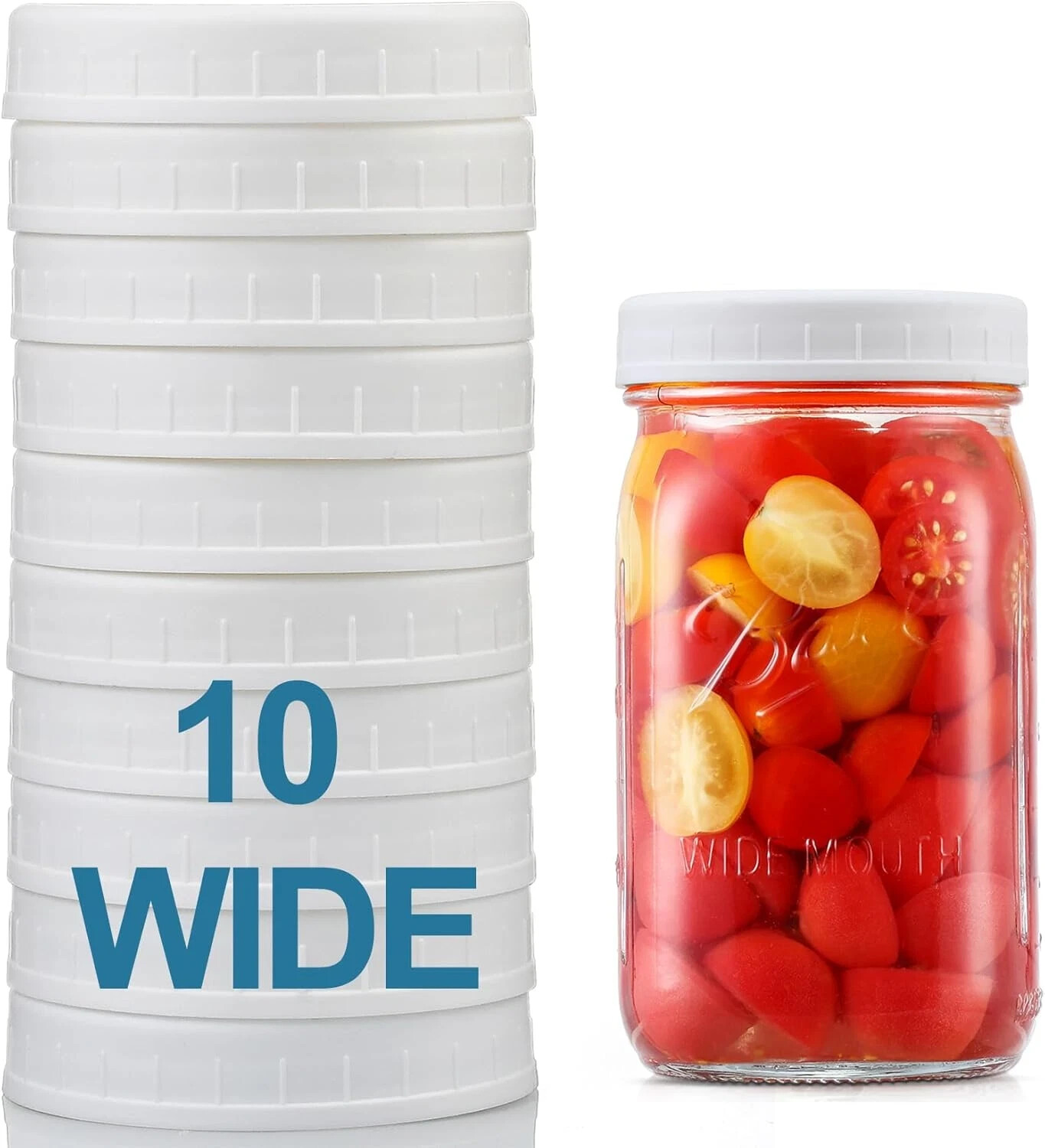 [10 Pack] WIDE Mouth Mason Jar Lids for Ball, Kerr and More – White Plastic Stor