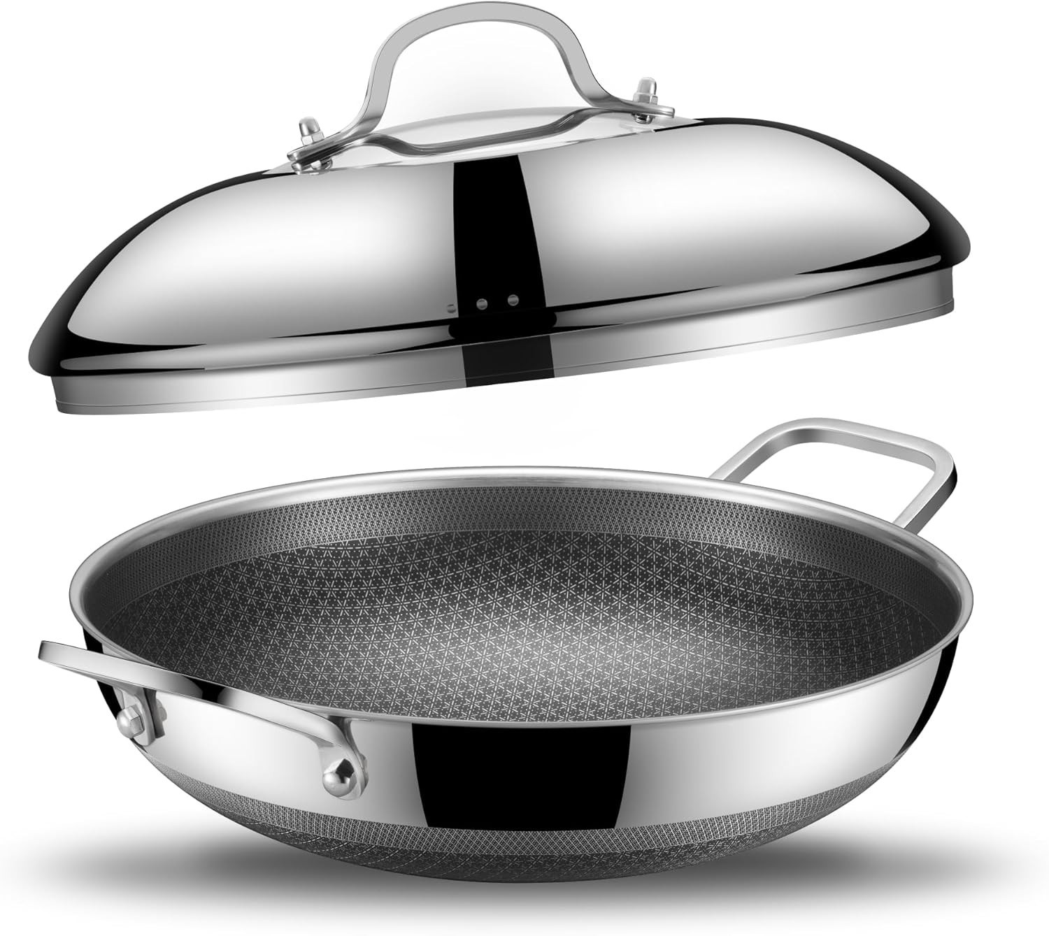 SNOWCLAD Tri-Ply Wok Stainless Steel Nonstick Hybrid Woks Stir-fry Pan W/Lid-13″