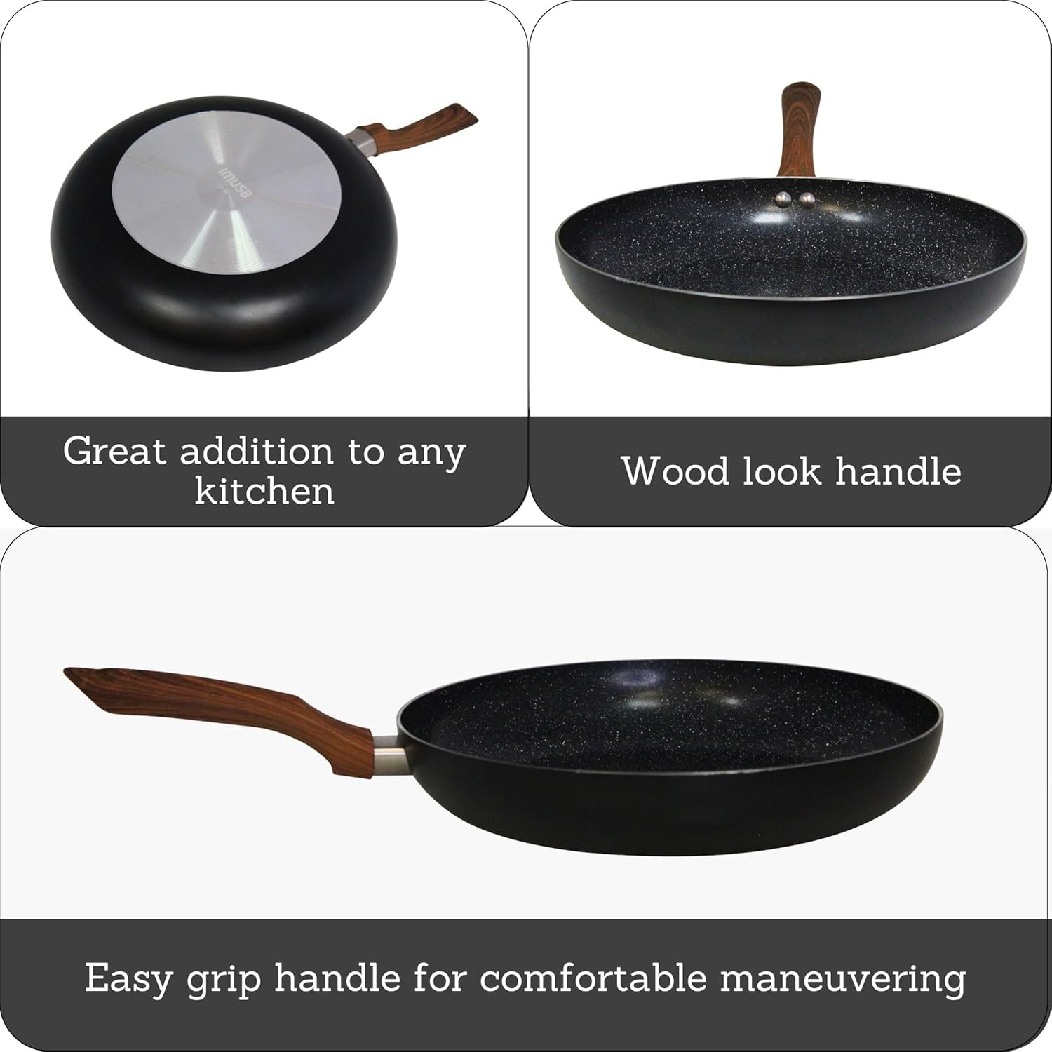 12-Inch Ceramic Nonstick Frying Pan – Black Speckled Aluminum Skillet with Wood-