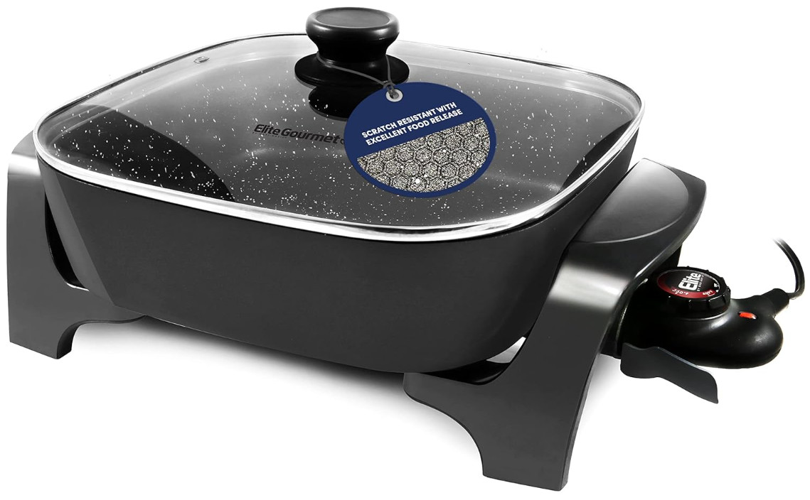 Sartén Eléctrica Antiadherente Profunda 7.5Qt con Tapa de Vidrio Negra, Nuevo