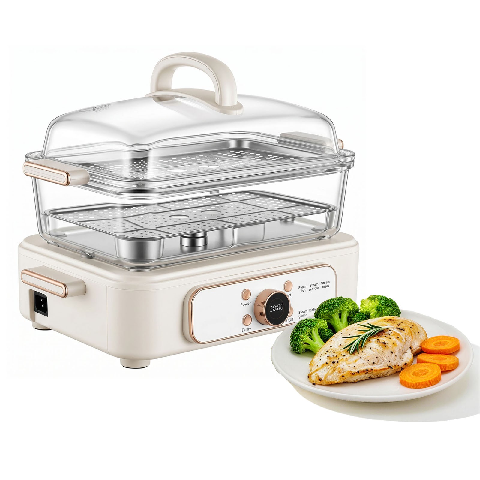 Uimoso Electric Food Steamer 6.3 QT with Glass Bowl and Dual-Layer Trays