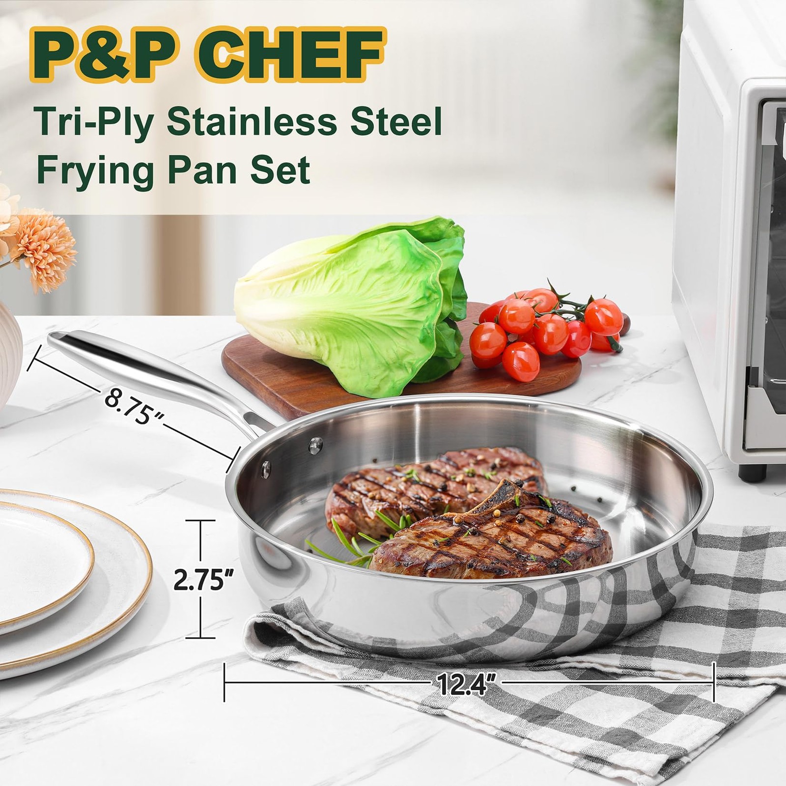 12 Inch Stainless Steel Frying Pan, 3-Ply Stainless Steel Pan Skillet, Induct…