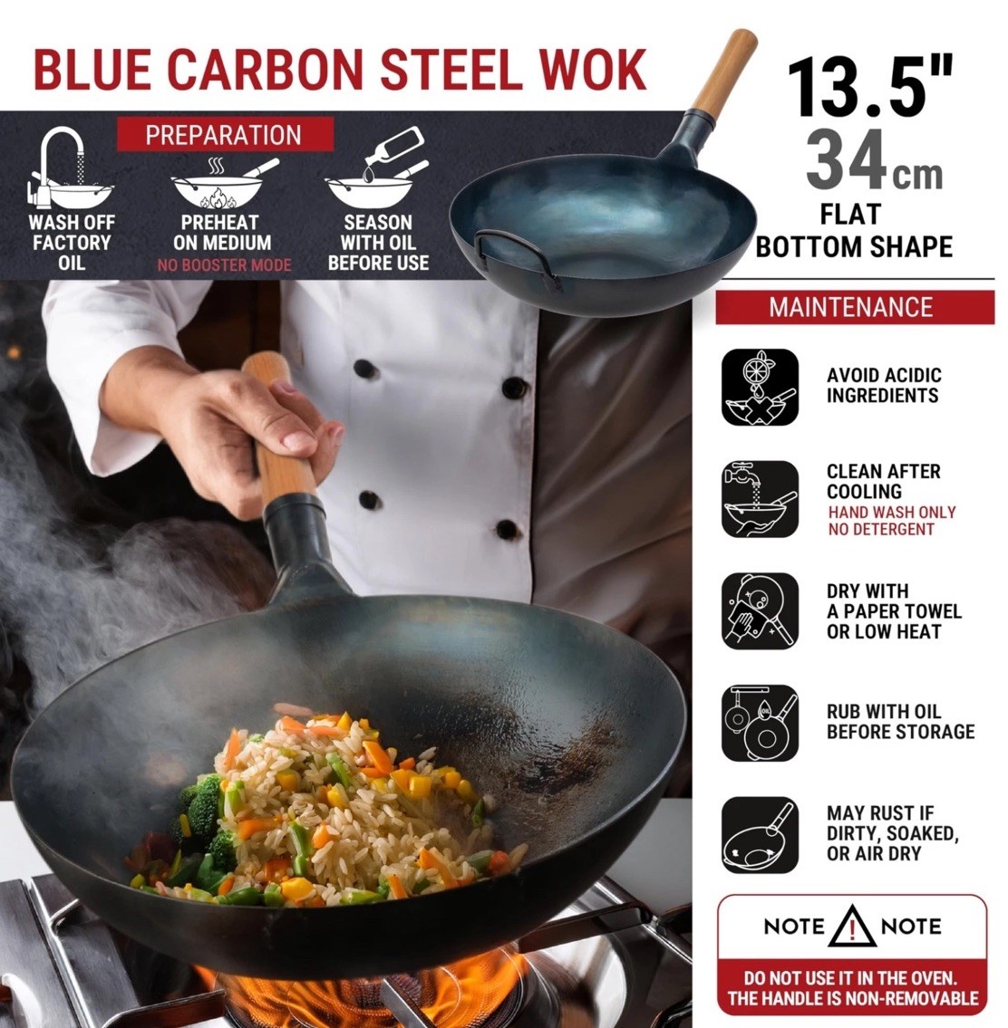 🏅YOSUKATA 13.5” Blue Carbon Steel Wok Pan Pre-Seasoned Flat Bottom Wok