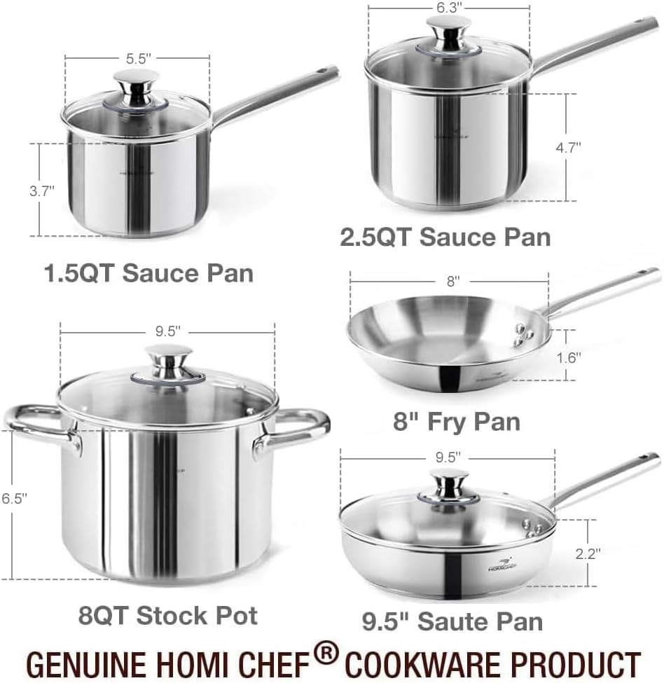 HOMICHEF 14pc Nickel Free Stainless Steel Cookware Set Non-Toxic Pots & Pans