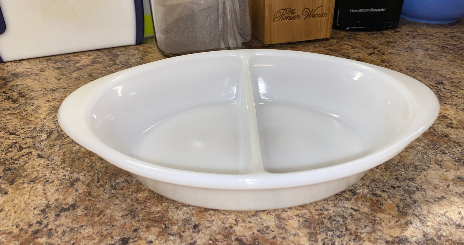 Glasbake Vintage 1960s Serving Dish White Glass Divided Oval Casserole J239