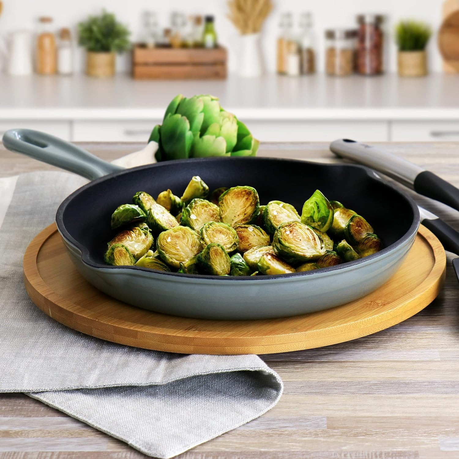 round 10.25 Inch Enameled Cast Iron Skillet in Gray