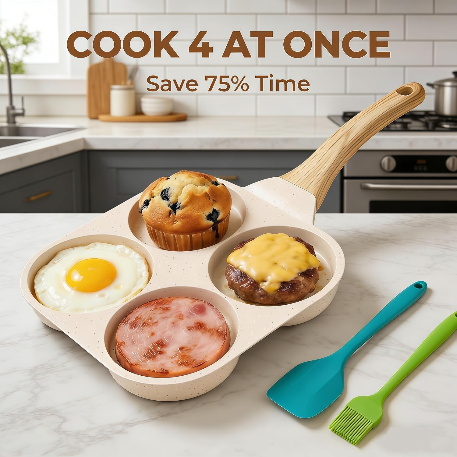 4 Cup Egg Pan Nonstick, 7″ Cream White Granite Coating Omelet Pan with