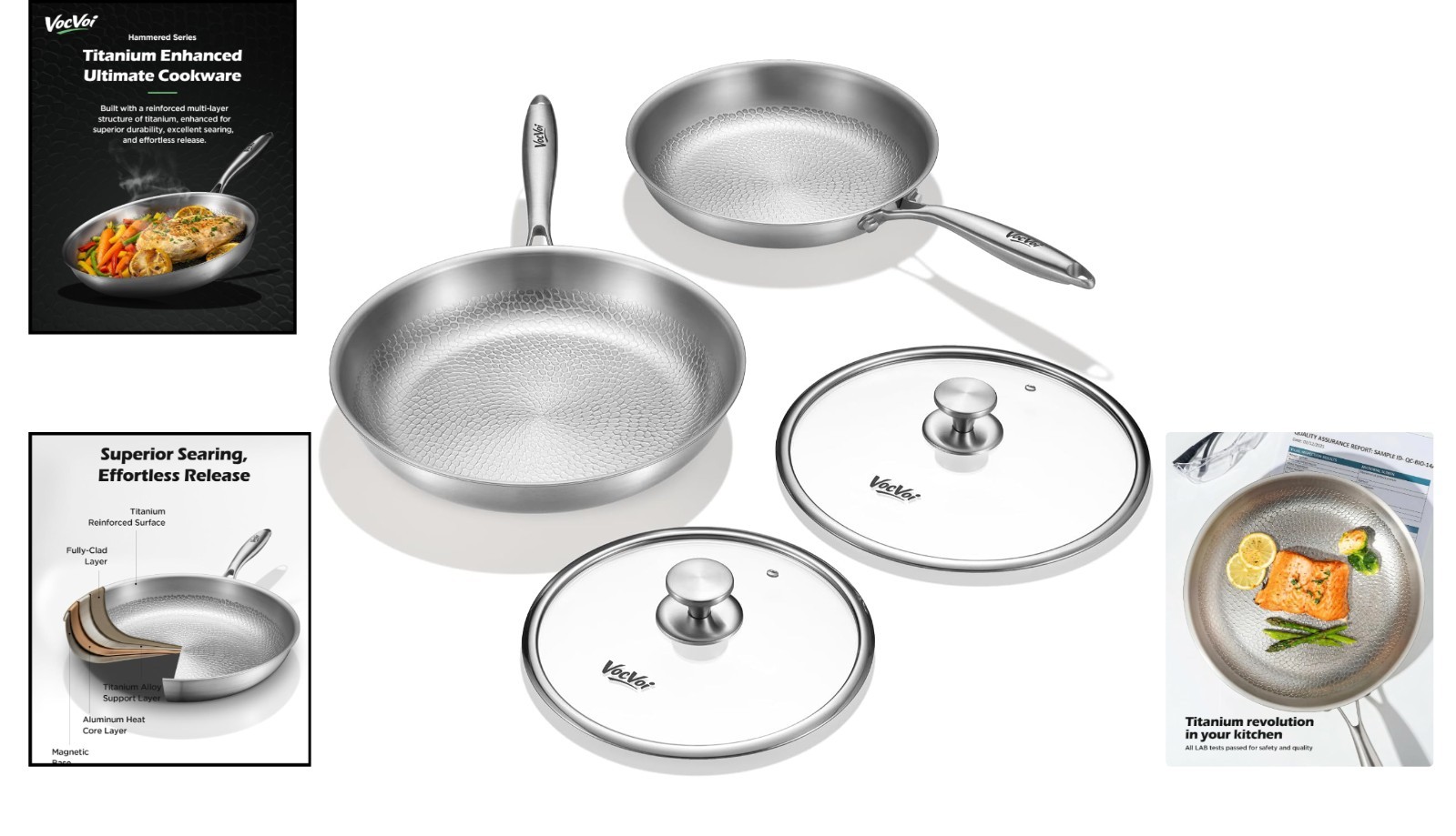 Hammered Titanium Frying Pan Set (10″ & 12″) – Oven Safe up to 1000°F