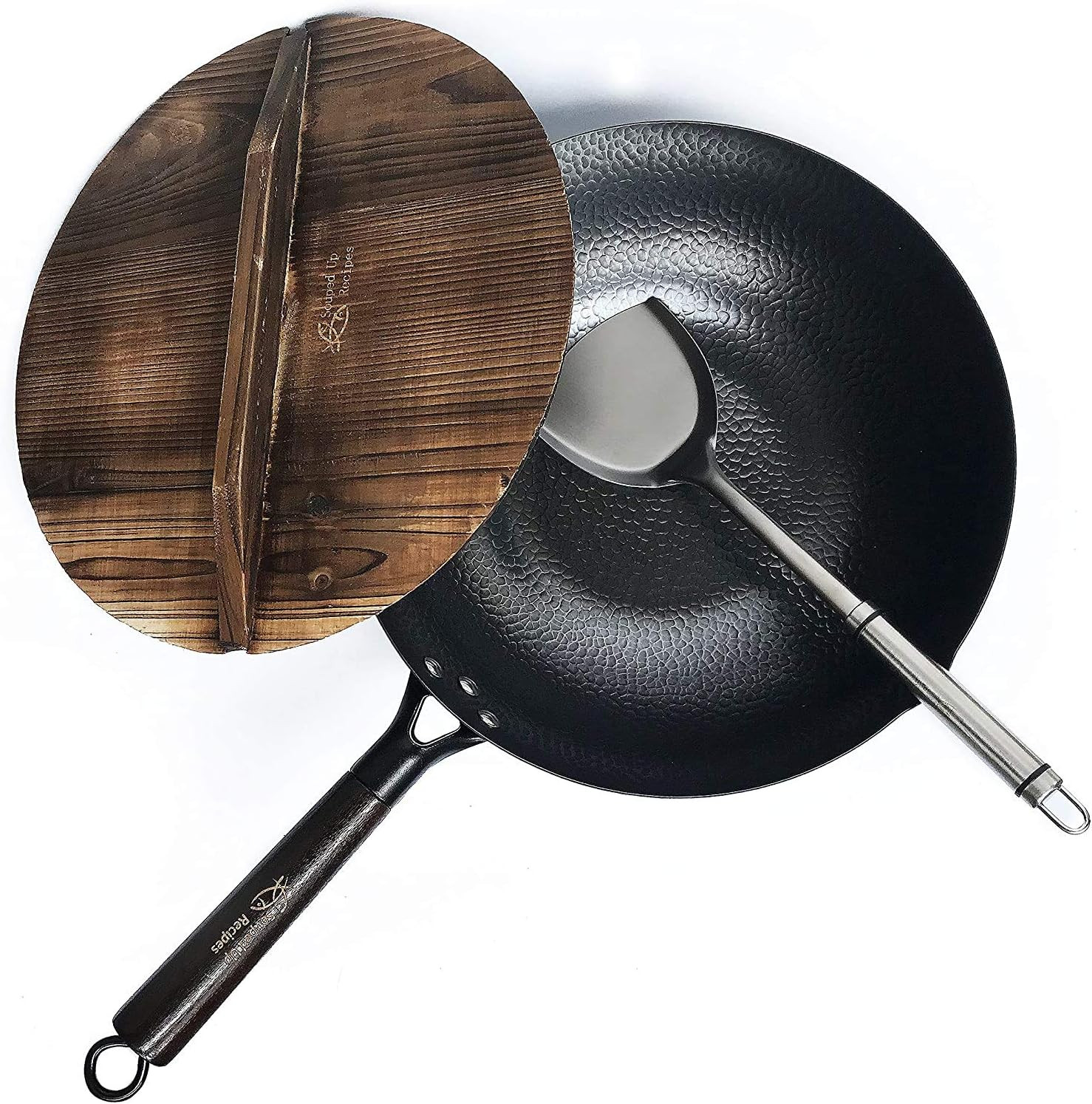 12.5 Inch Carbon Steel Wok for Electric, Induction and Gas Stoves (Lid, Spatula