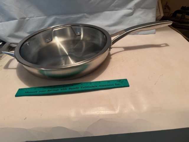 NEW Calphalon® “PREMIER” TRI-PLY STAINLESS STEEL 12″ FRY PAN W/LID + HELPERS HDL