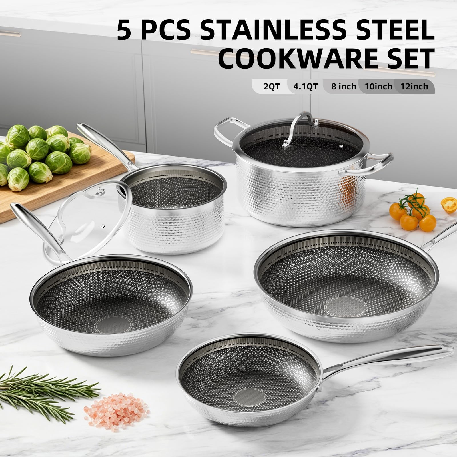 RisenutX Stainless Steel Nonstick Pots and Pans Set (7 Pcs), PFOA Free, Induc…