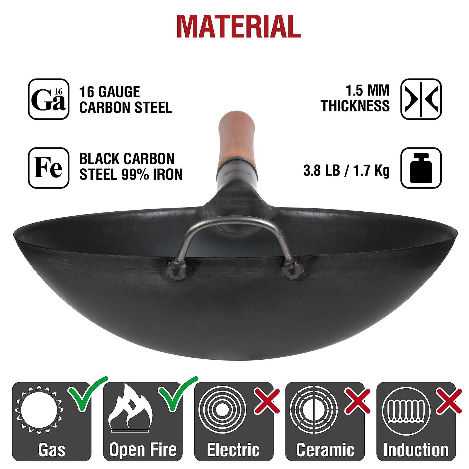 14″ Carbon Steel Wok with Round Bottom, Pre-Seasoned
