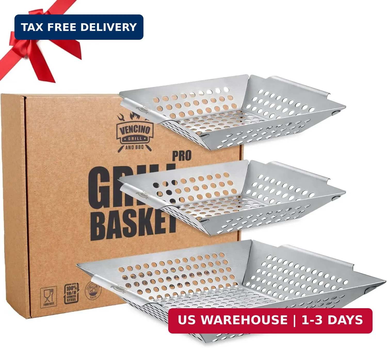 3 Pack Grill Baskets for Outdoor Grill, Heavy Duty Stainless Veggie Pan Set | Ve