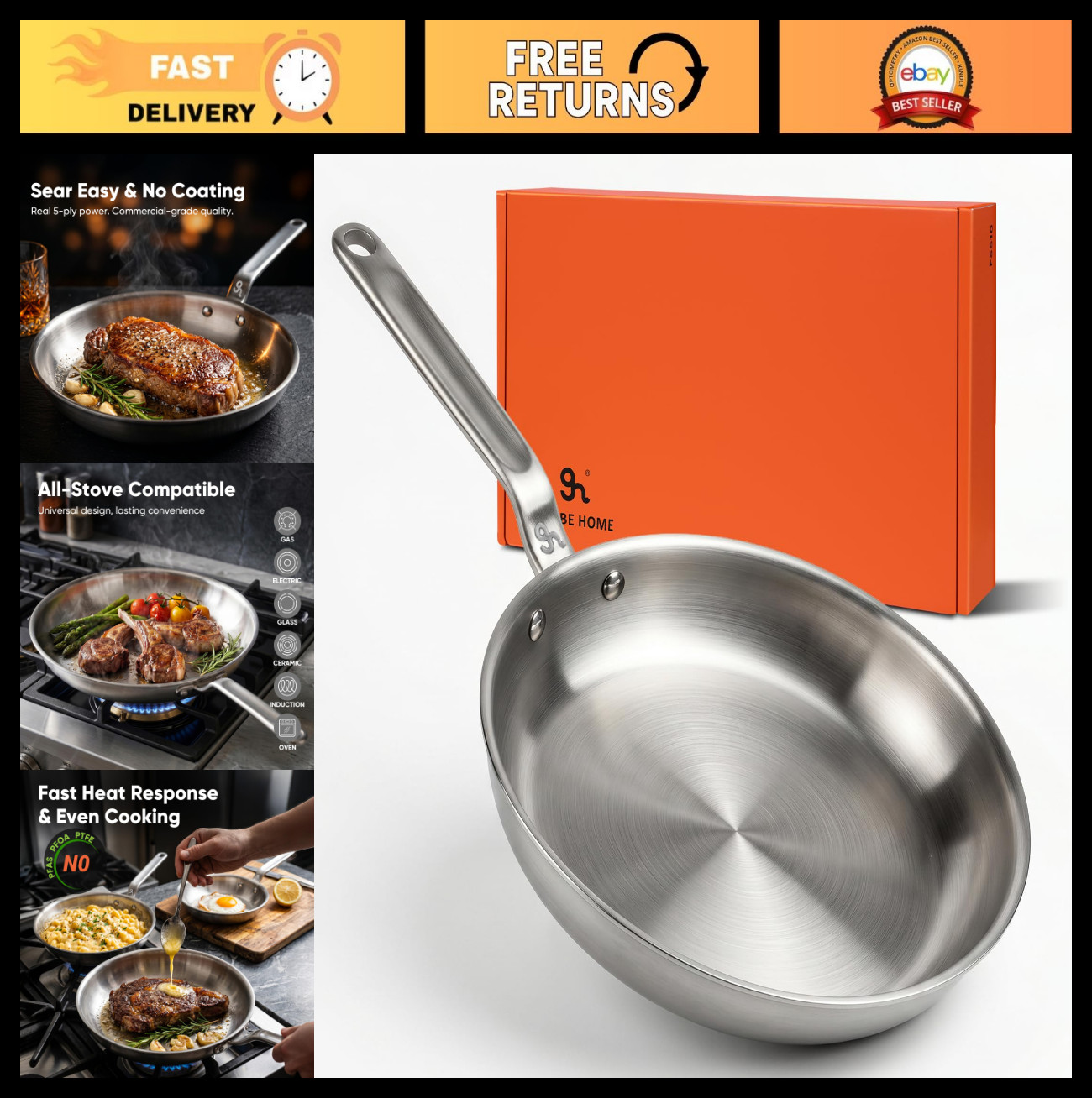 12″ Stainless Steel Frying Pan – 5-Ply Clad Skillet, Induction & Oven Safe, Dura