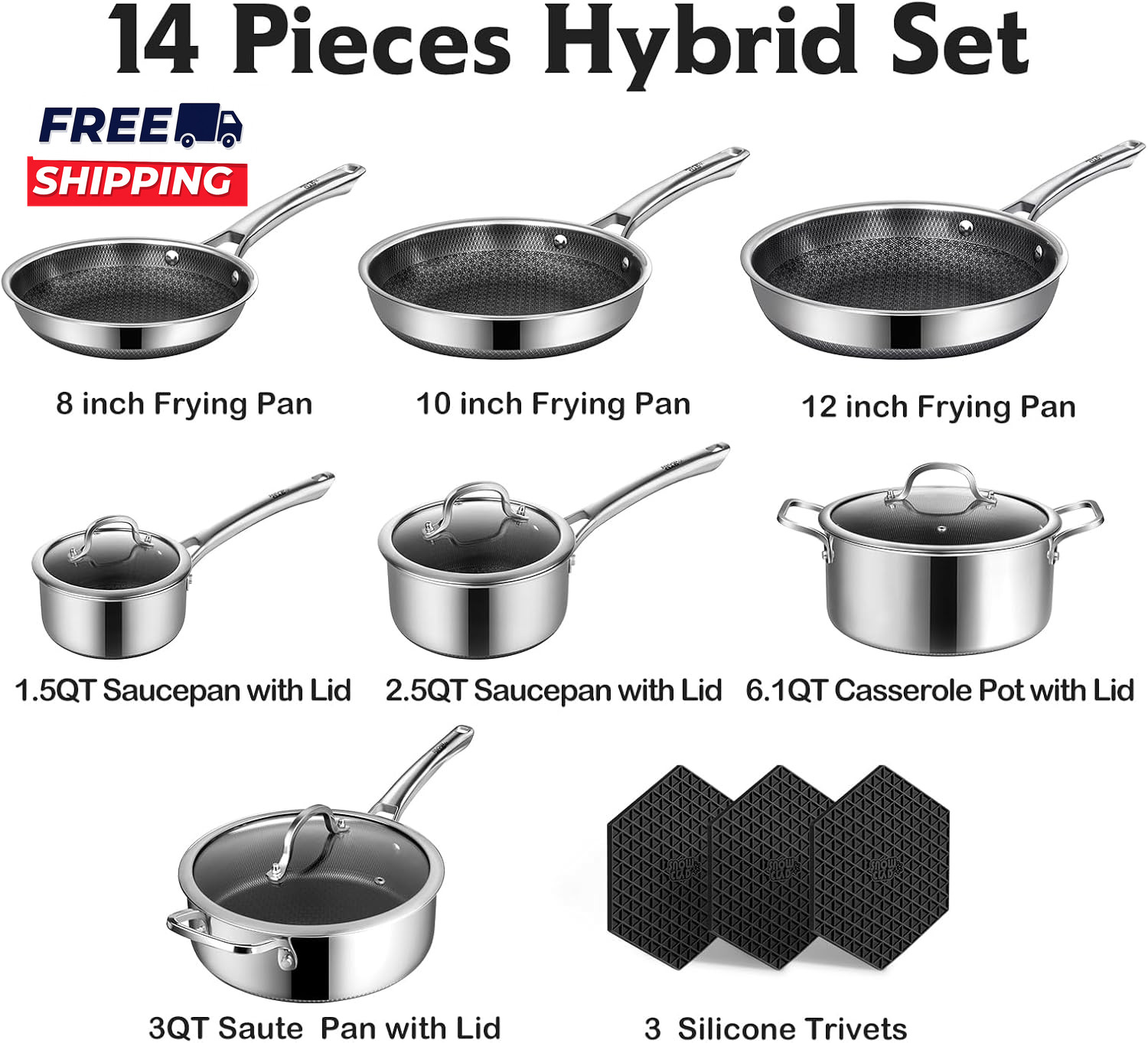 Pots and Pans Set Non Stick 14 Pcs Hybrid Stainless Steel Cookware Sets