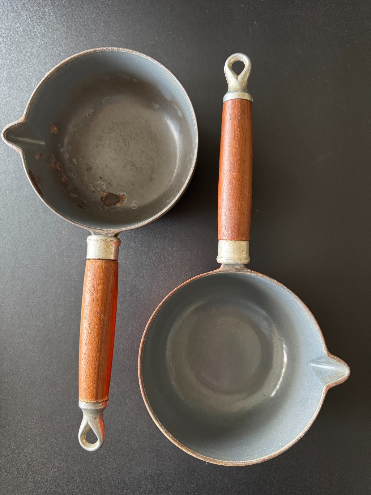 2 Vintage Lavec 1 Quart Saucepans Enameled Cast Iron: Red & Green w/Wood Handles