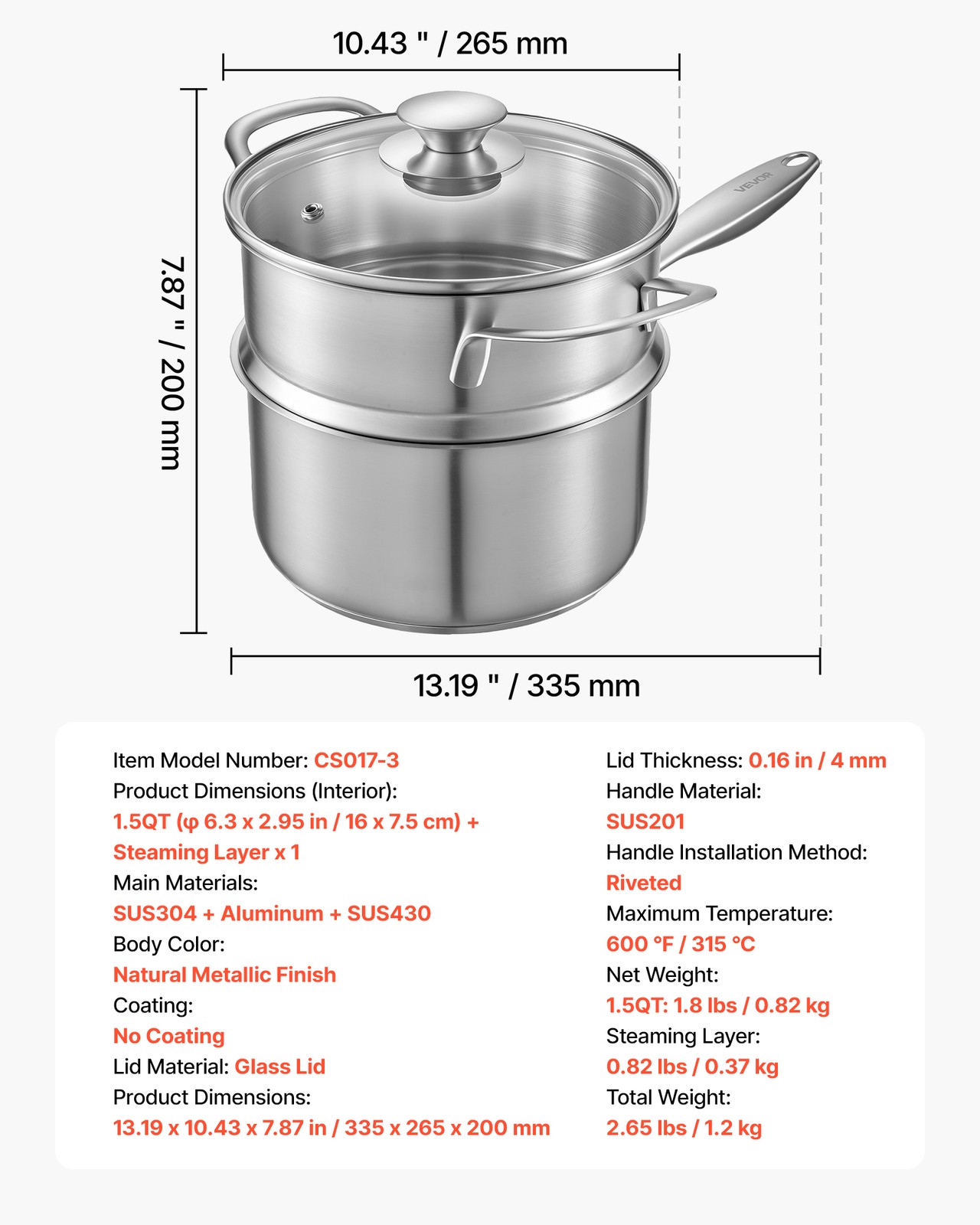 VEVOR 1.5 QT Saucepan with Steamer Stainless Steel Saucepan with Glass Lid