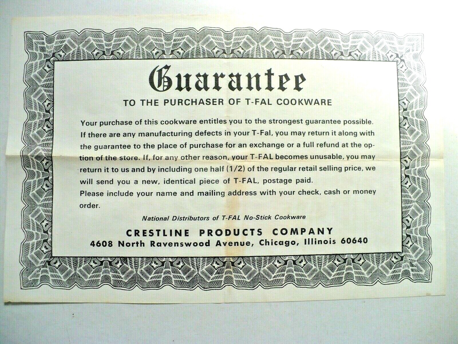 T-fal Cookware Vintage 1975 Paper GUARANTEE 8 1/2″ X 5 1/2″ Crestline Products