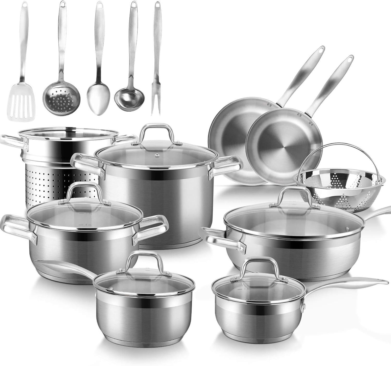 19PC Professional Stainless Steel Induction Cookware Set with Heavy Bottom