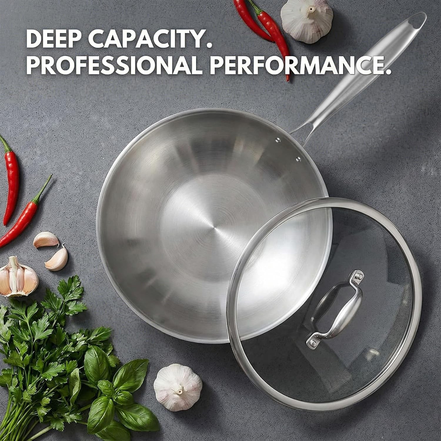 10 Inch Stainless Steel Wok Pan with Lid, Tri-ply Stainless Steel Frying Pan,…