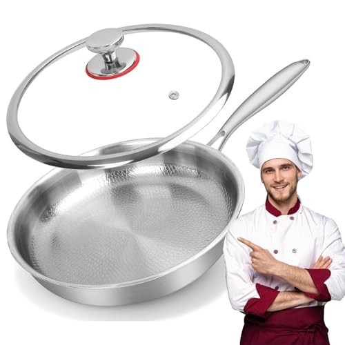 Pure Titanium Hammered Frying Pan with Lid, 11 Inch Skillet, Non-stick Coatin…