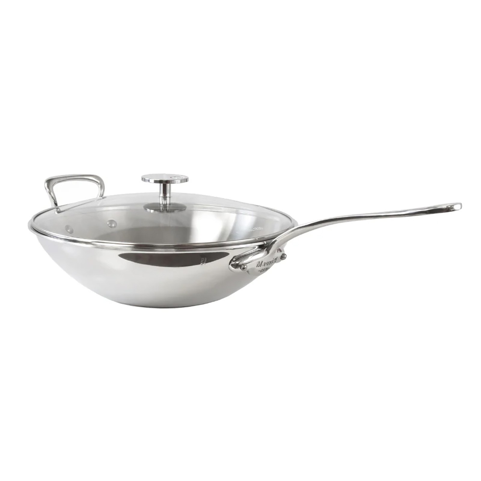 Mauviel M’Cook 12.5 Inch Stainless Steel Wok With Long Handle And Helper Handle