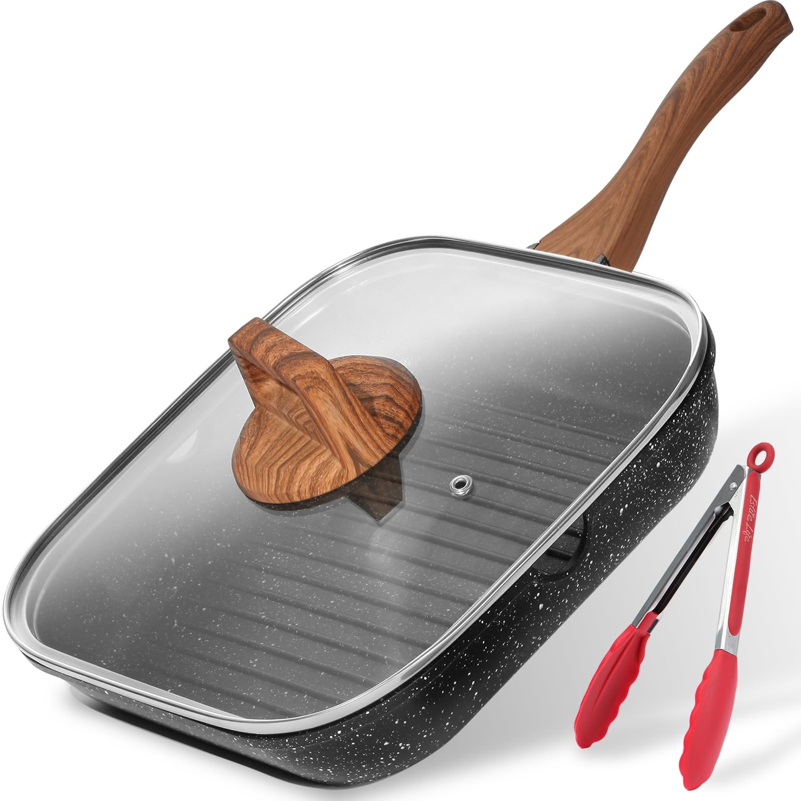 ESLITE LIFE 9.5 Inch Nonstick Grill Pan with Lid for Indoor Cooking, Versatile I