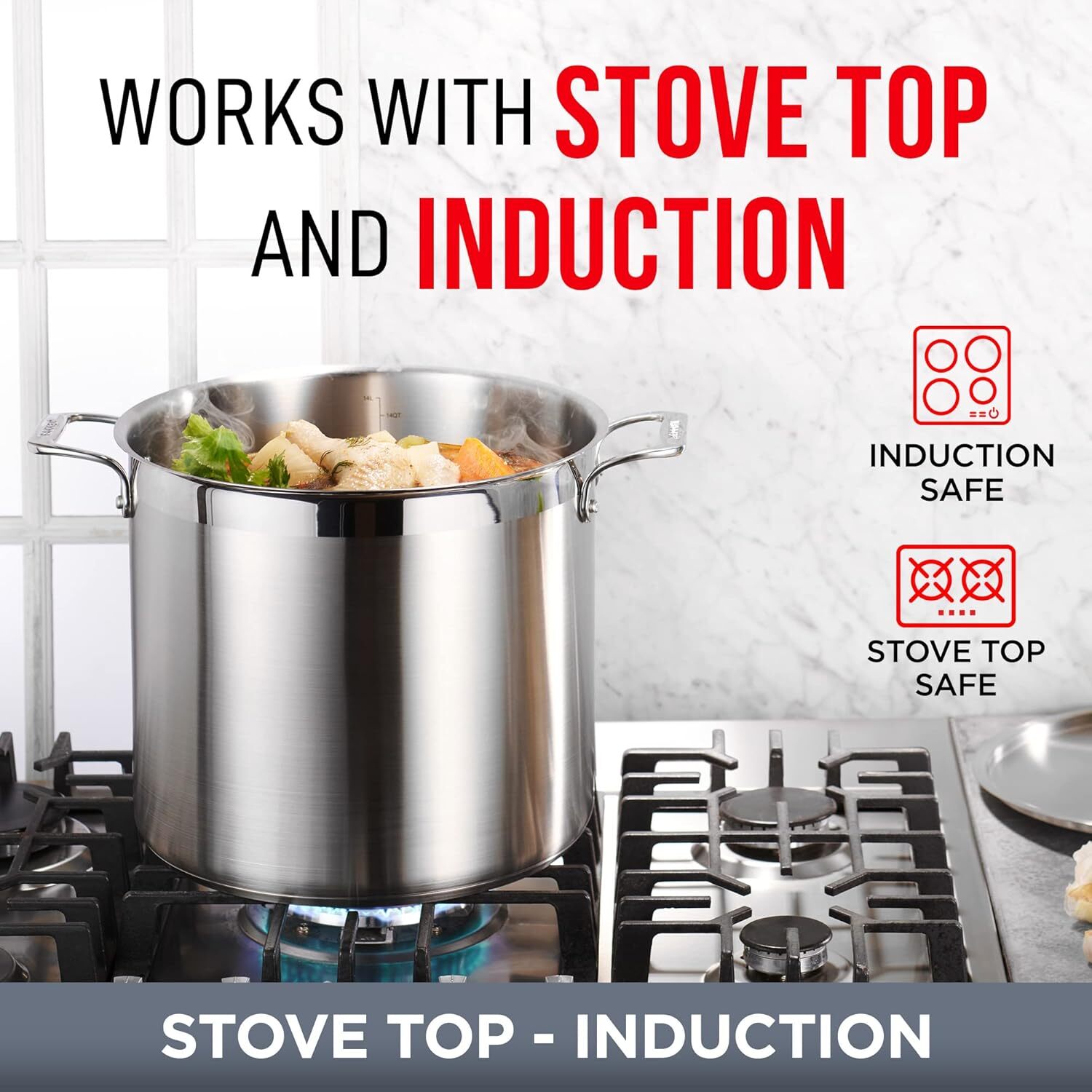 12-Quart Stockpot, Heavy Duty Stainless Steel, Induction, Lid & Riveted Handles