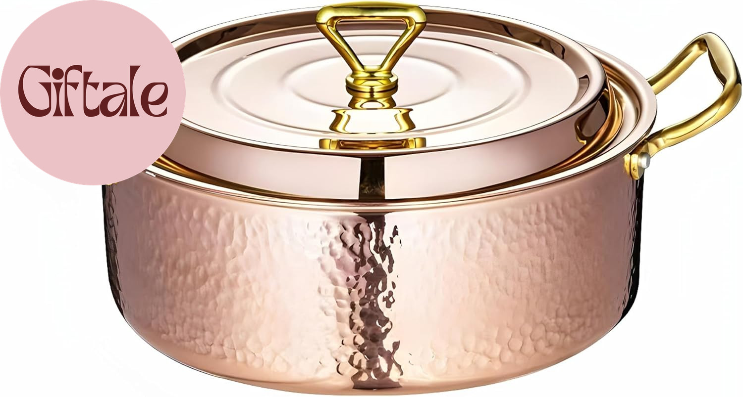 4.2QT Hammered Stock Pot with Lid, Copper Rose Gold, Tri-Ply Stainless Steel, Mu